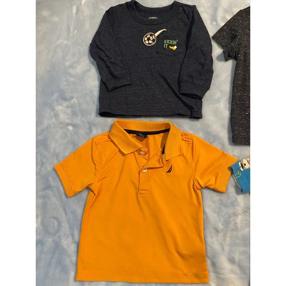 Baby Boy 12M Shirt Bundle Carters Nautica Cat & Jack 4pc Set Orange Blue Grey